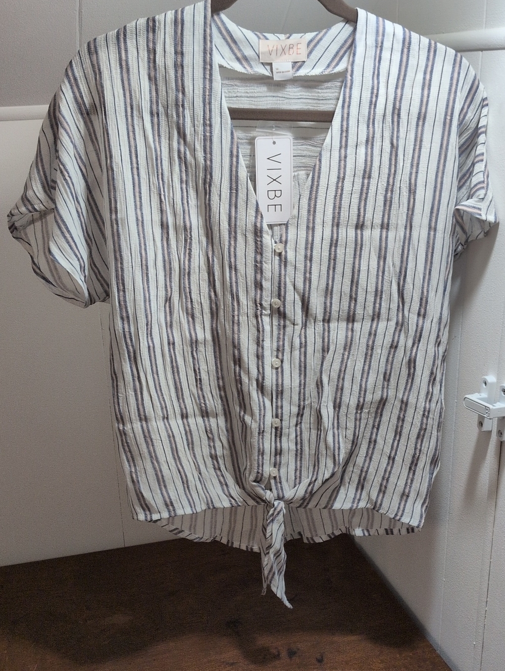 Ivory Striped Button-Front Tie-Hem Blouse